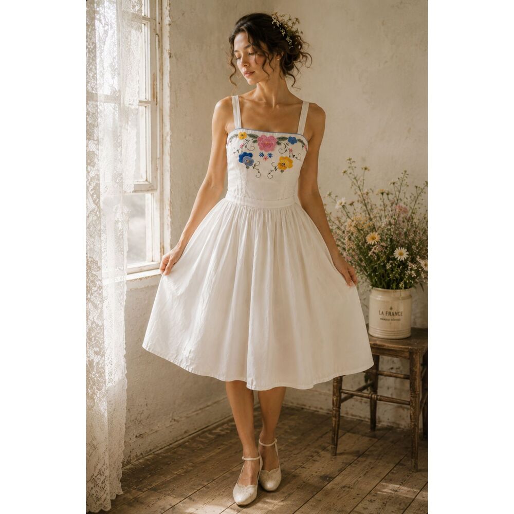Vintage White Embroidered Prairie Dress Cottagecore Milkmaid Romantic Size 11